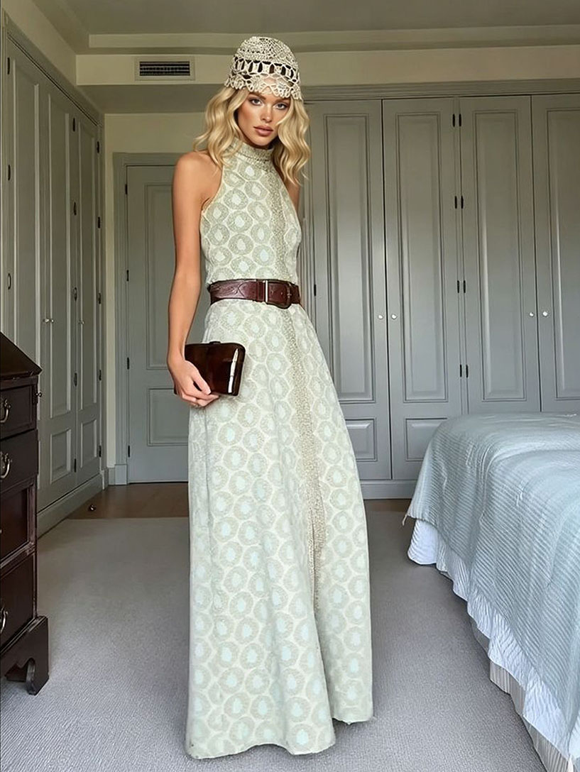 Elegant Geometric Print High Neck Slit Maxi Dress