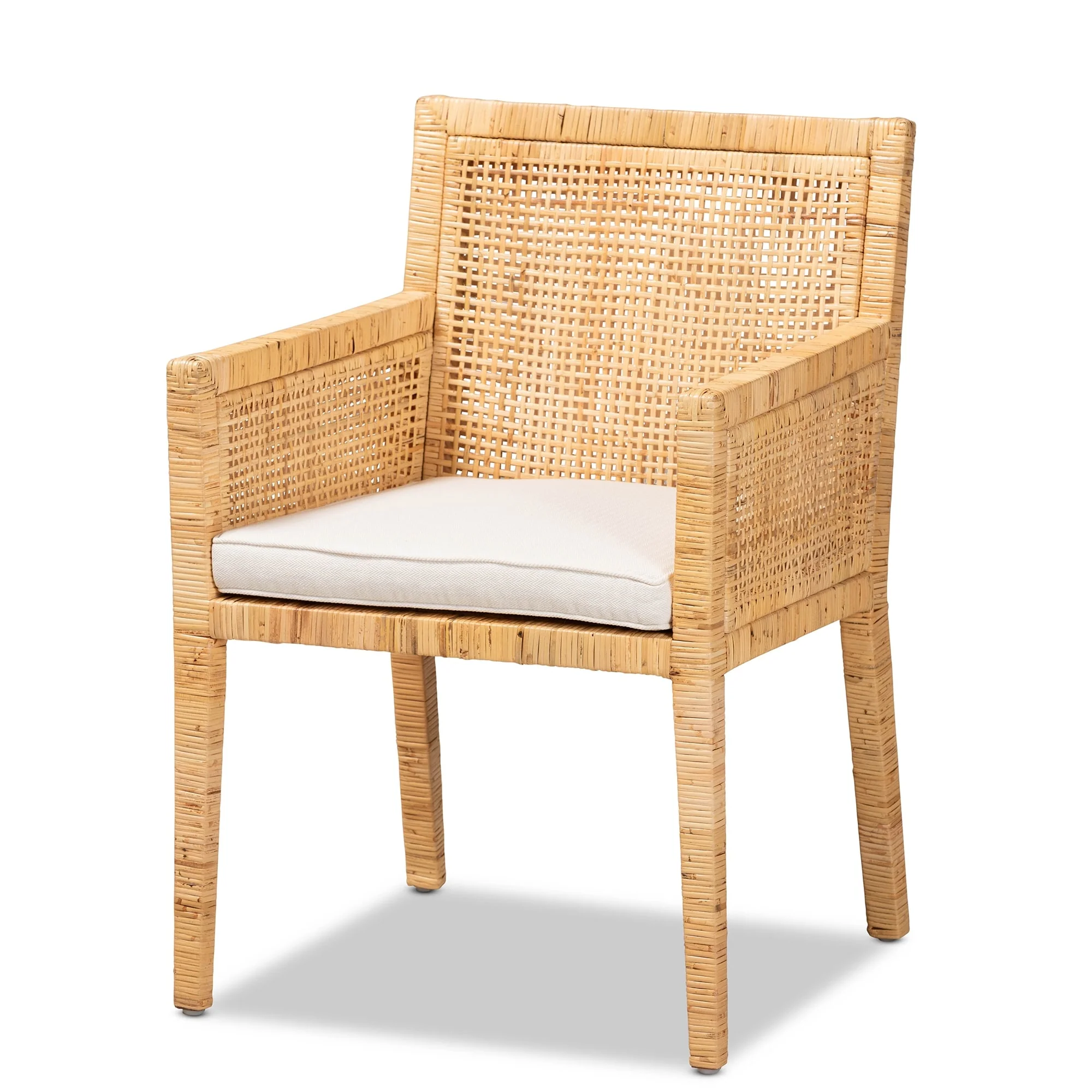 Karis Rattan Dining Chair - Handwoven Wicker Armchair with Mahogany Wood, Coastal Boho Style Indoor Seating