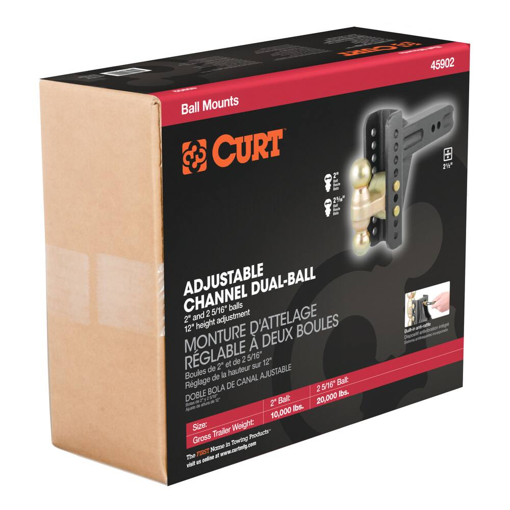 CURT 45902 Adjustable Channel Mount with Dual Ball & 2-1/2-in Shank