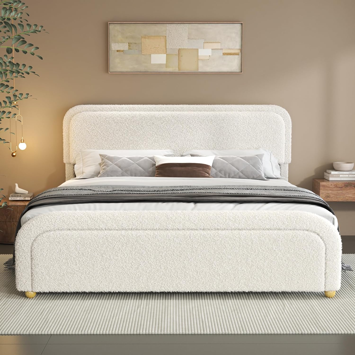 Cloud King Size Bed Frame, Boucle Upholstered Platform Bed with Adjustable Headboard, Anti-Collision Soft Rounded Corners, Metal Support, No Box Spring Required, Noise Free, Easy Assembly, Cream