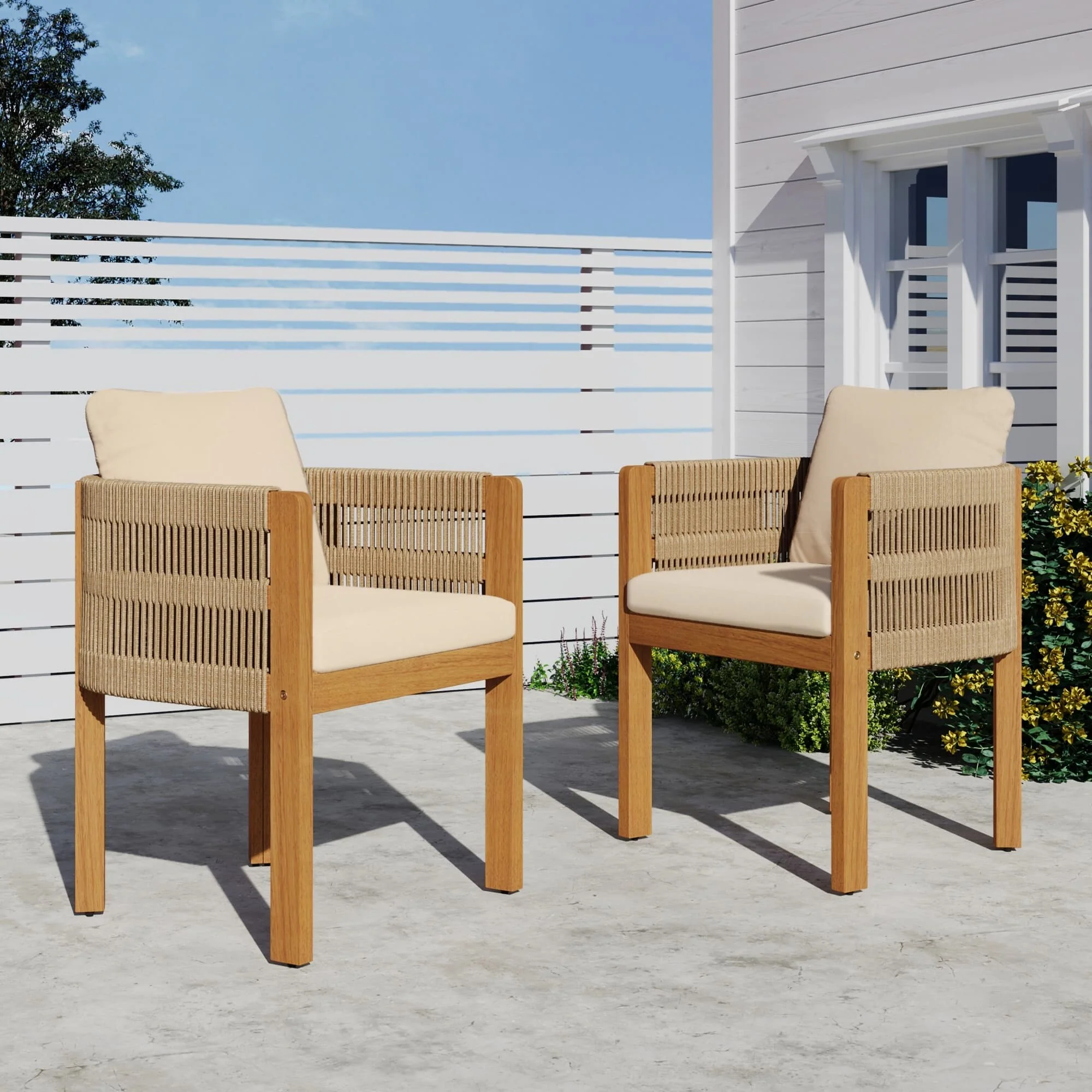 Set of 2 Outdoor Acacia Wood and Rope Dining Chairs with Cushions