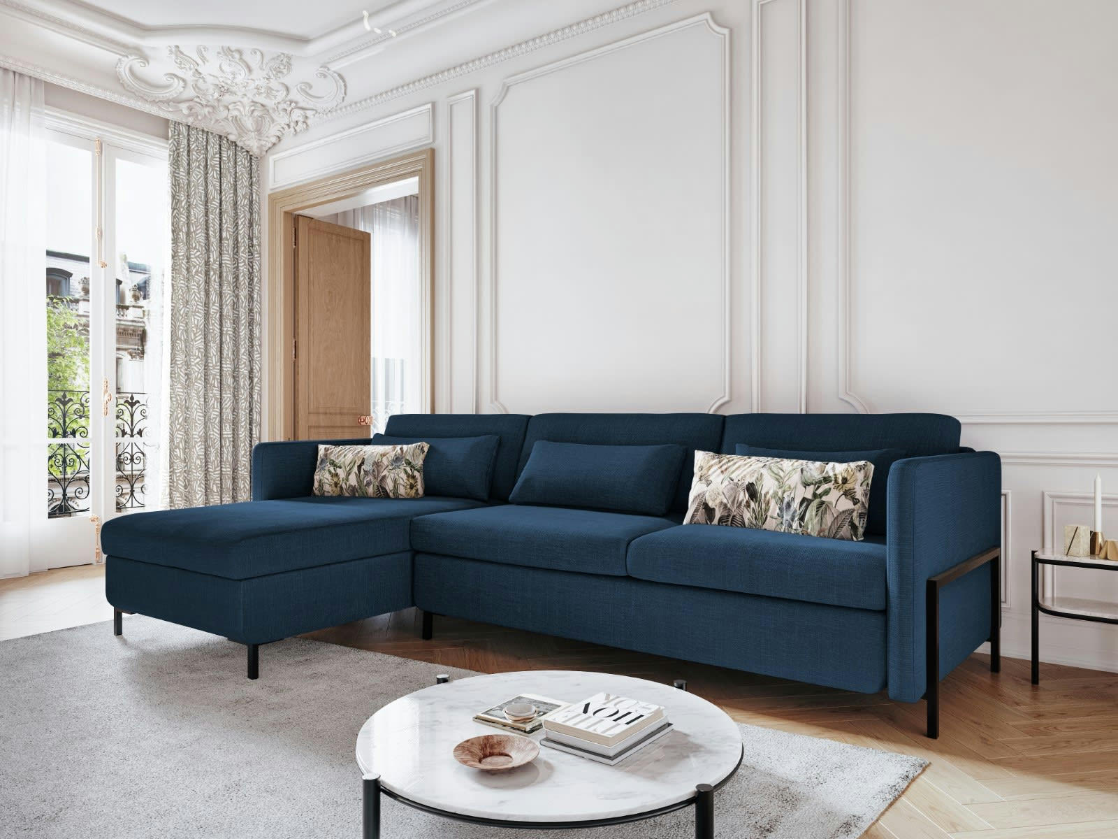 YANIS - Canapé D'Angle Gauche Conv. Coffre 5 places en Tissu Structurel Bleu