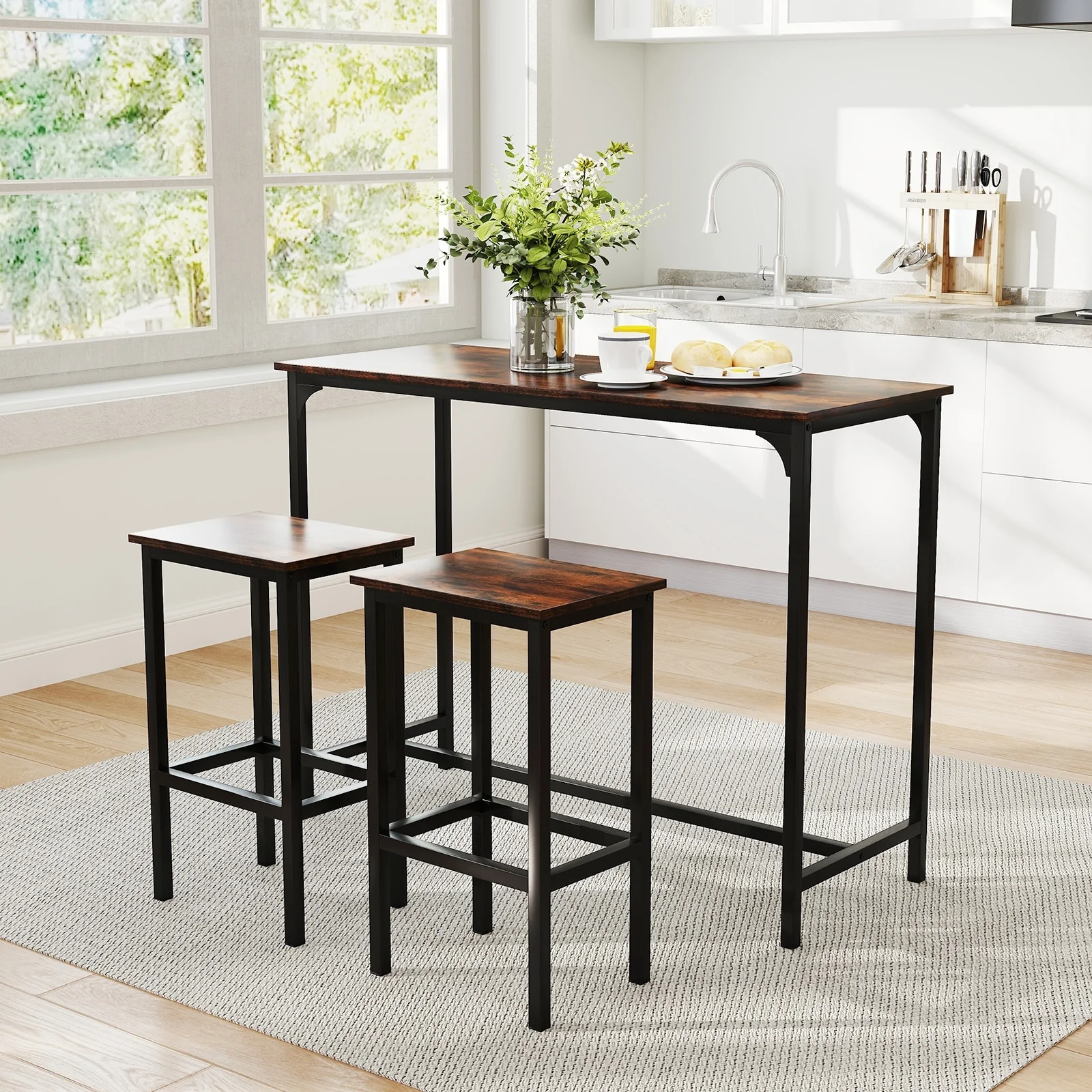 Space-Saving 3-Piece Counter Height Dining Table with 2 Stools for Home Bar or Breakfast Nooks