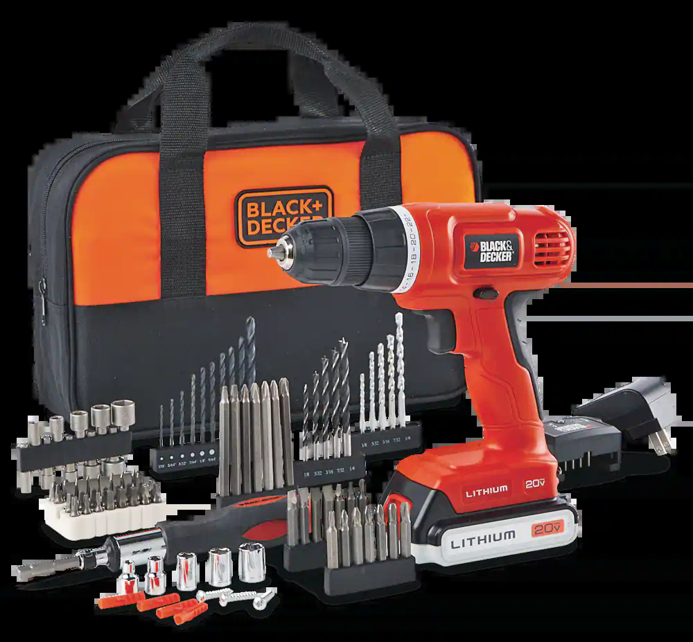 Black & Decker BDC120VACA 20V Cordless Drill with Battery, Charger & 100-pc Accessory Set, 3/8-in