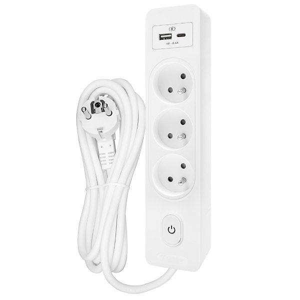 Multiprise SELDUR G3FU52B, 3 prises type E   interrupteur, USB A C charge standard 12W, Blanc, câble 5m