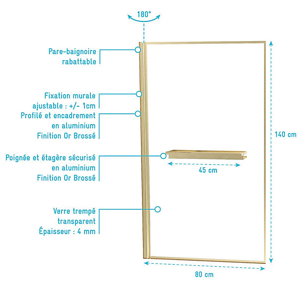 Pare baignoire pivotant l.80 x H.140 cm profilés doré brossé avec porte serviette et étagère, Galedo Edge