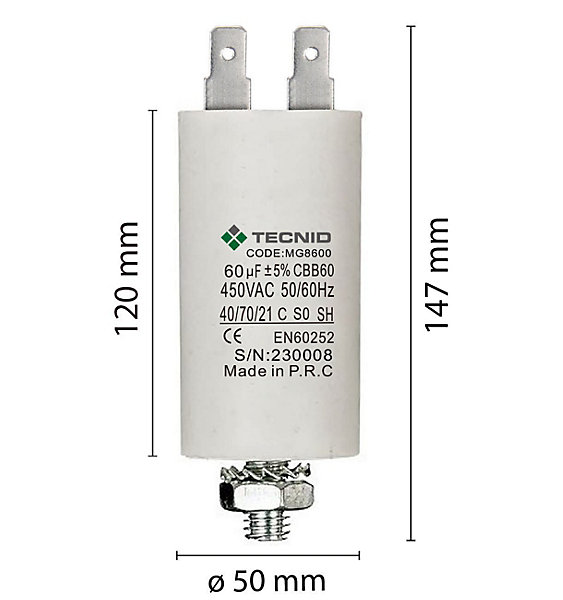 Condensateur de démarrage pour moteurs électriques, 450V, capacité : 60 microfarad, 4 broches / M8