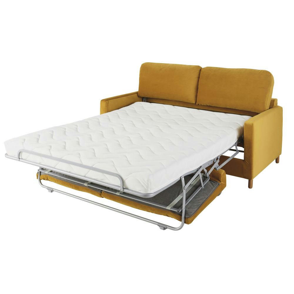 Julian - Canapé convertible 3 places en velours jaune moutarde, matelas 14 cm