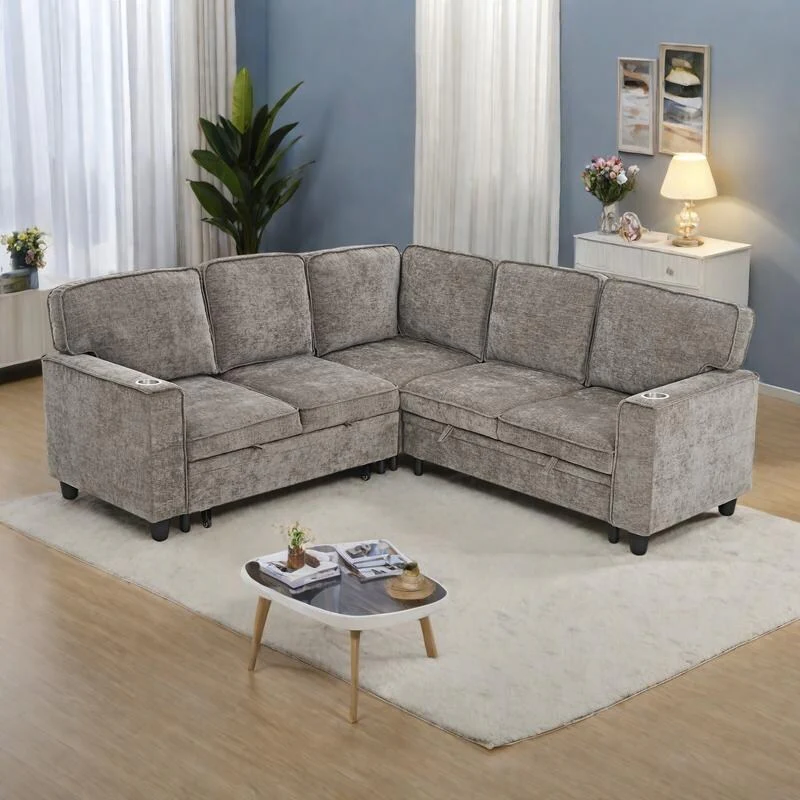 81 Chenille L-Shaped Sofa Bed with Pull-Out Mattress, Storage and USB Charging, 5-Seater