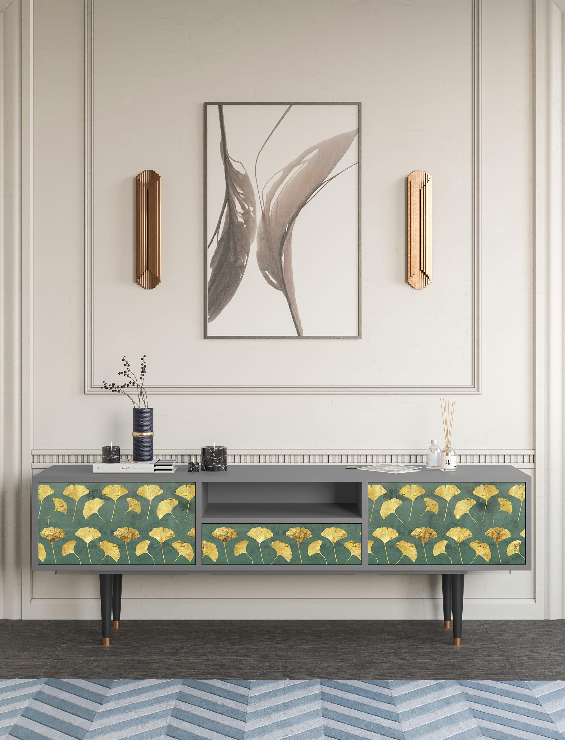 GINGKO LEAVES - Meuble TV  vert et jaune 1 tiroir et 2 portes L 170 cm