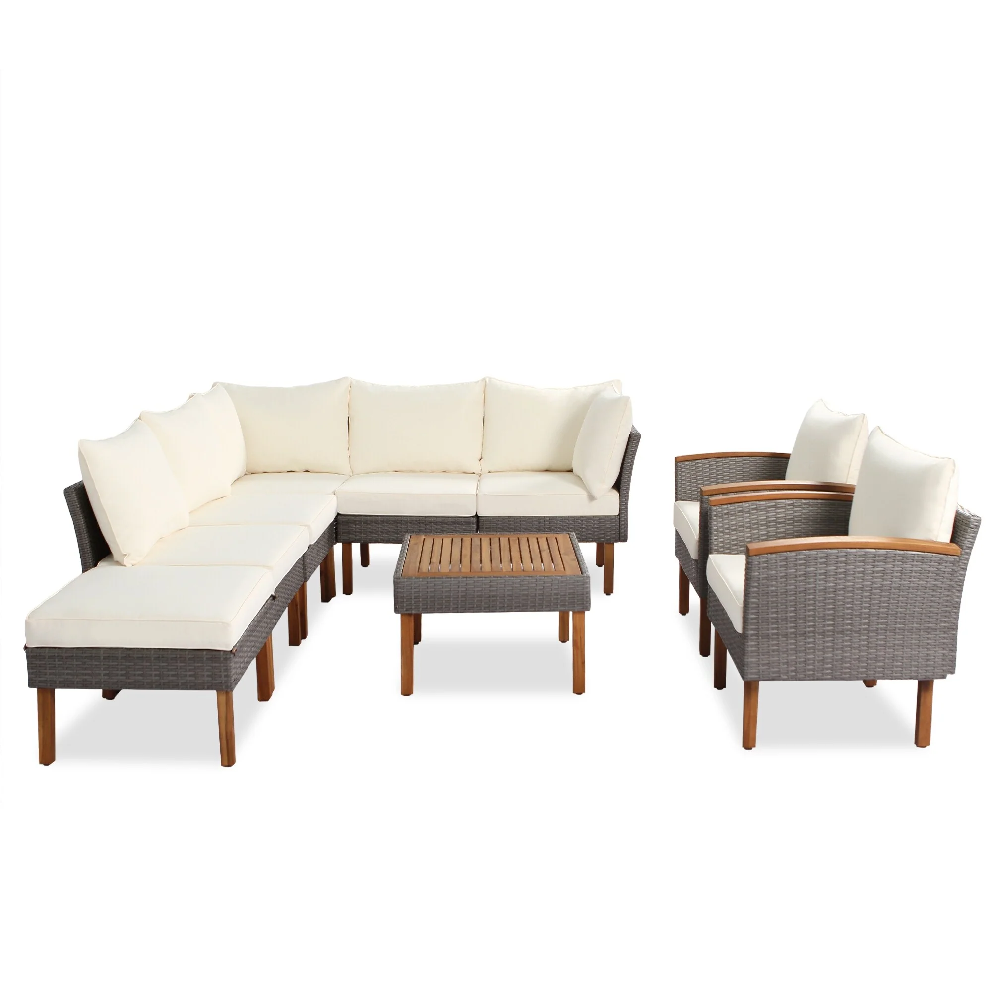 9-Piece Patio Rattan Furniture Set, Outdoor Conversation Set With Acacia Wood Legs and Tabletop, PE Rattan Sectional Sof