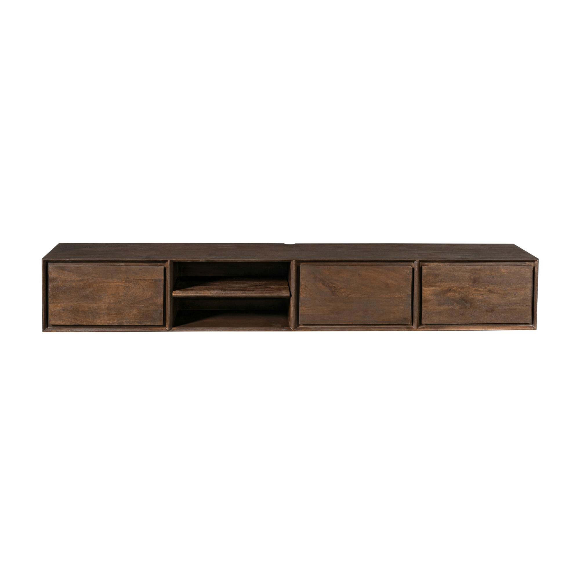 Long meuble TV suspendu bois foncé 3 tiroirs 1 niche 280 cm AERA