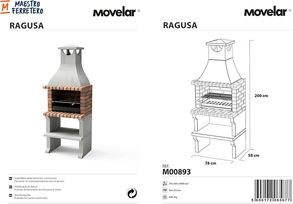 MOVELAR - Barbecue en Béton Préfabriqué pour Bois et Charbon Modèle RAGUSA (Gris/Terre Cuite - 76x58x207 cm) M00893 - Extérieur