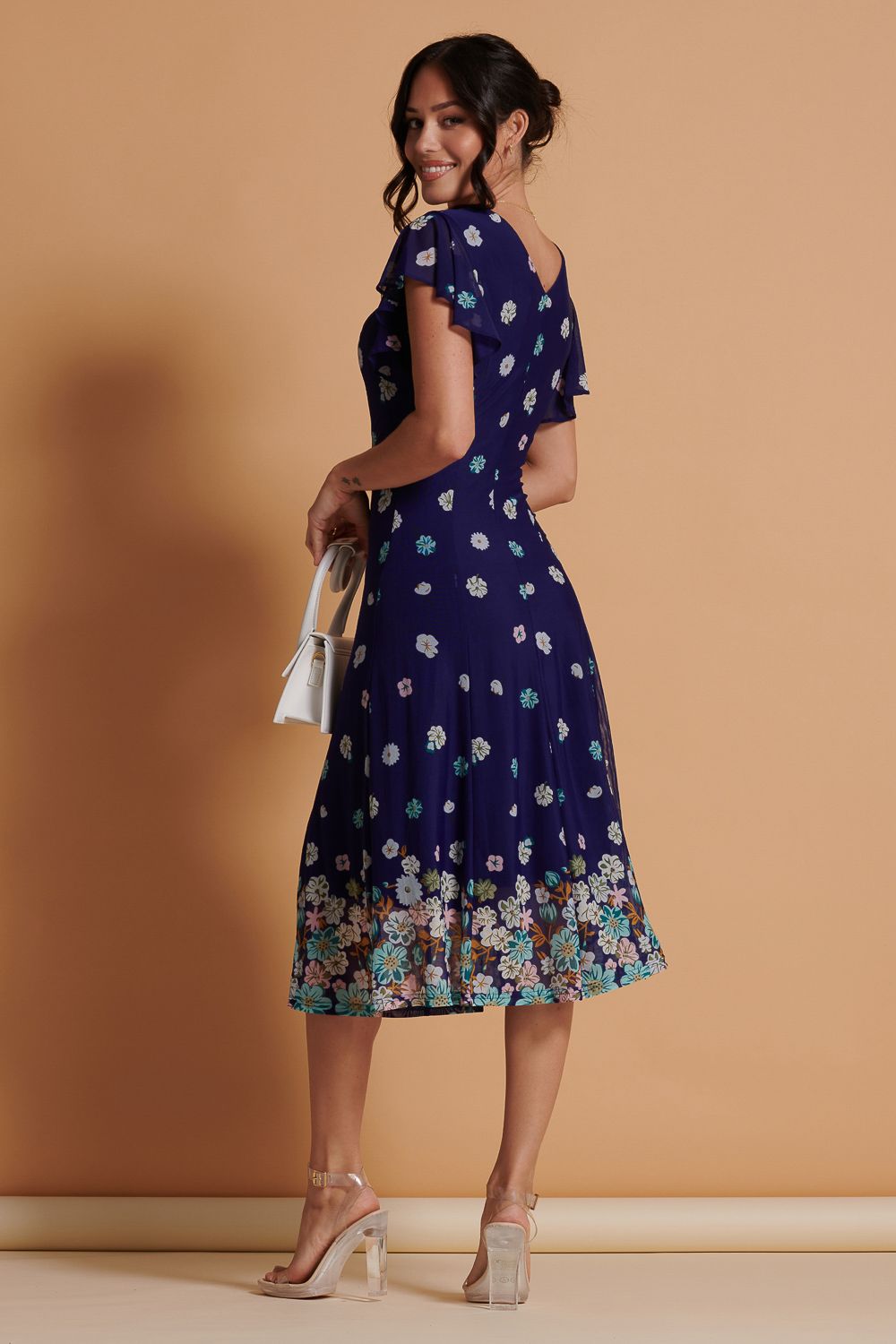 Jolie Moi Mirrored Print Mesh Fit & Flare Midi Dress