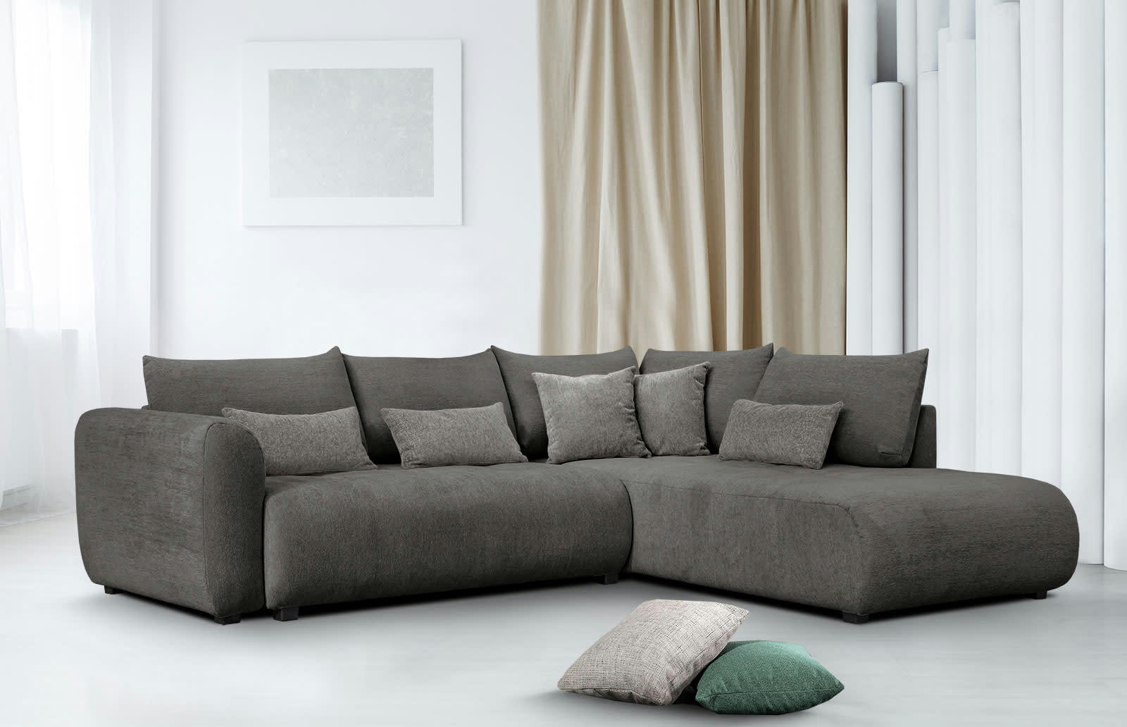 SORENO - Canapé d'angle droit 5 places gris foncé avec le couchage