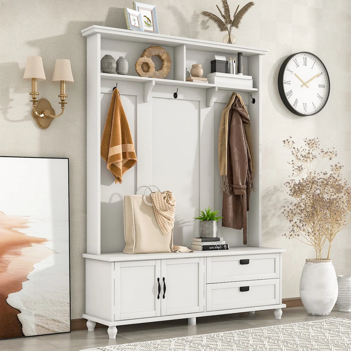 Modern Style Hall Tree with Storage Cabinet and 2 Large Drawers, Widen Mudroom Bench with 5 Coat Hooks