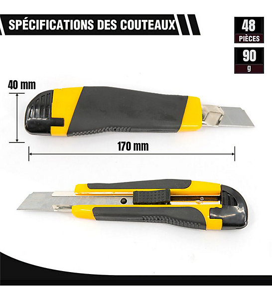 Lot de cutters professionnels jaunes Couteau utilitaire rétractable avec 100 lames 18mm Taille - Lot de 48