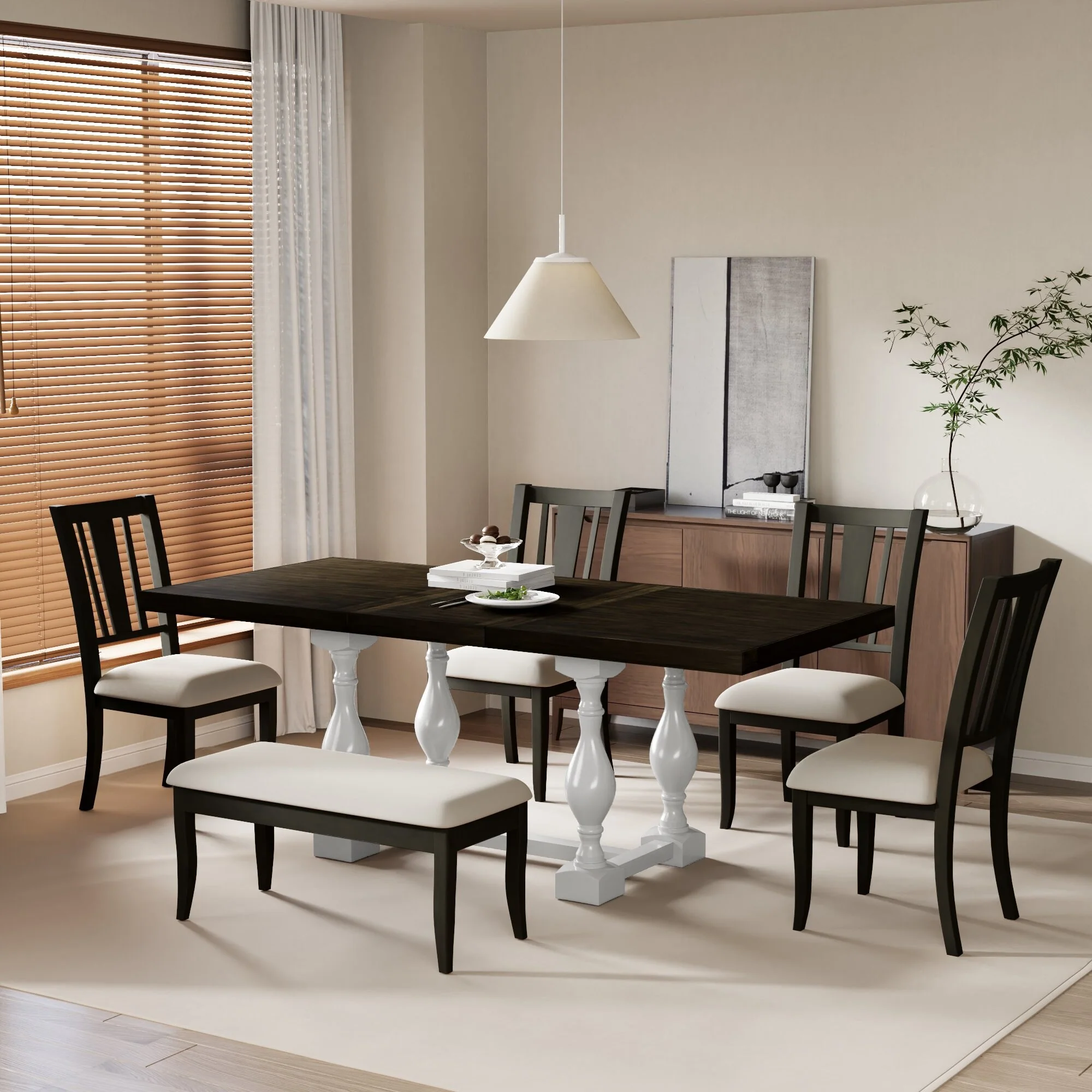 Roomfitters Traditional 6-Piece 78 Trestle Extendable Dining Table Set with Removable Leaf, Padded Chairs and Bench