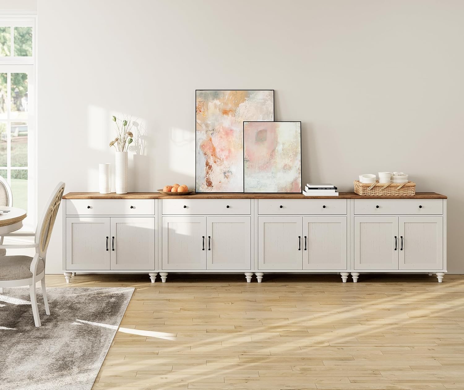 WAMAPT Buffet Cabinet with 8 Doors and 4 Drawers, Large Coffee Bar Table Wood Kitchen Storage Cabinets, Modern Farmhouse Sideboard Credenza for Dining Room, Off White, 136 inch
