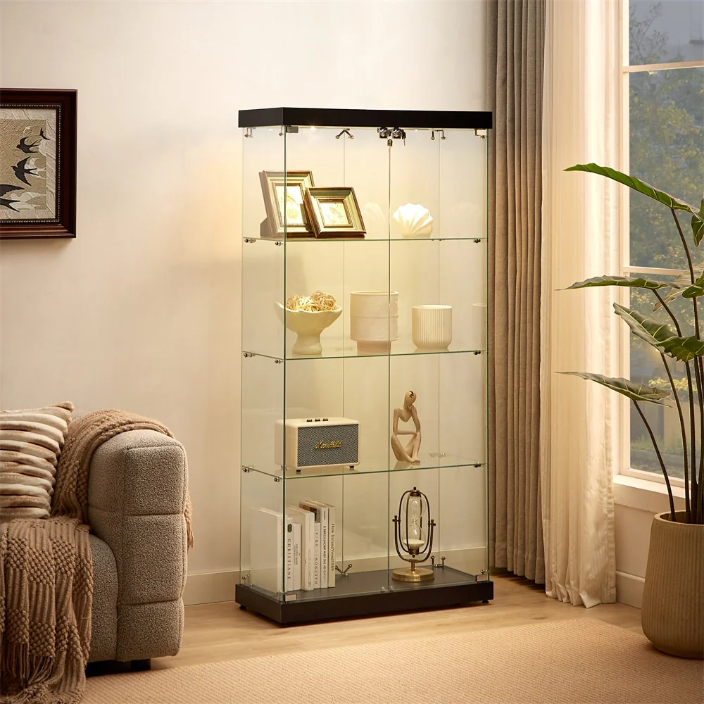 4-Tier Glass Display Cabinet,Double Door Glass Cabinet,Four Partitions