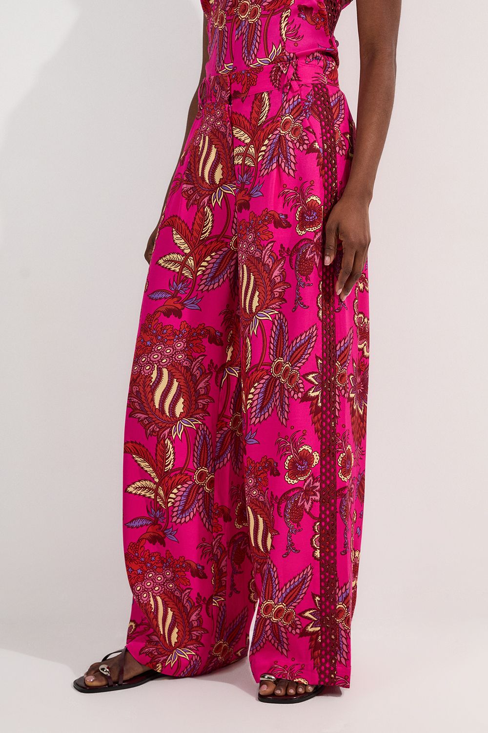 KarenMillen Viscose Floral Print Linen Lace Trim Insert Woven Trouser