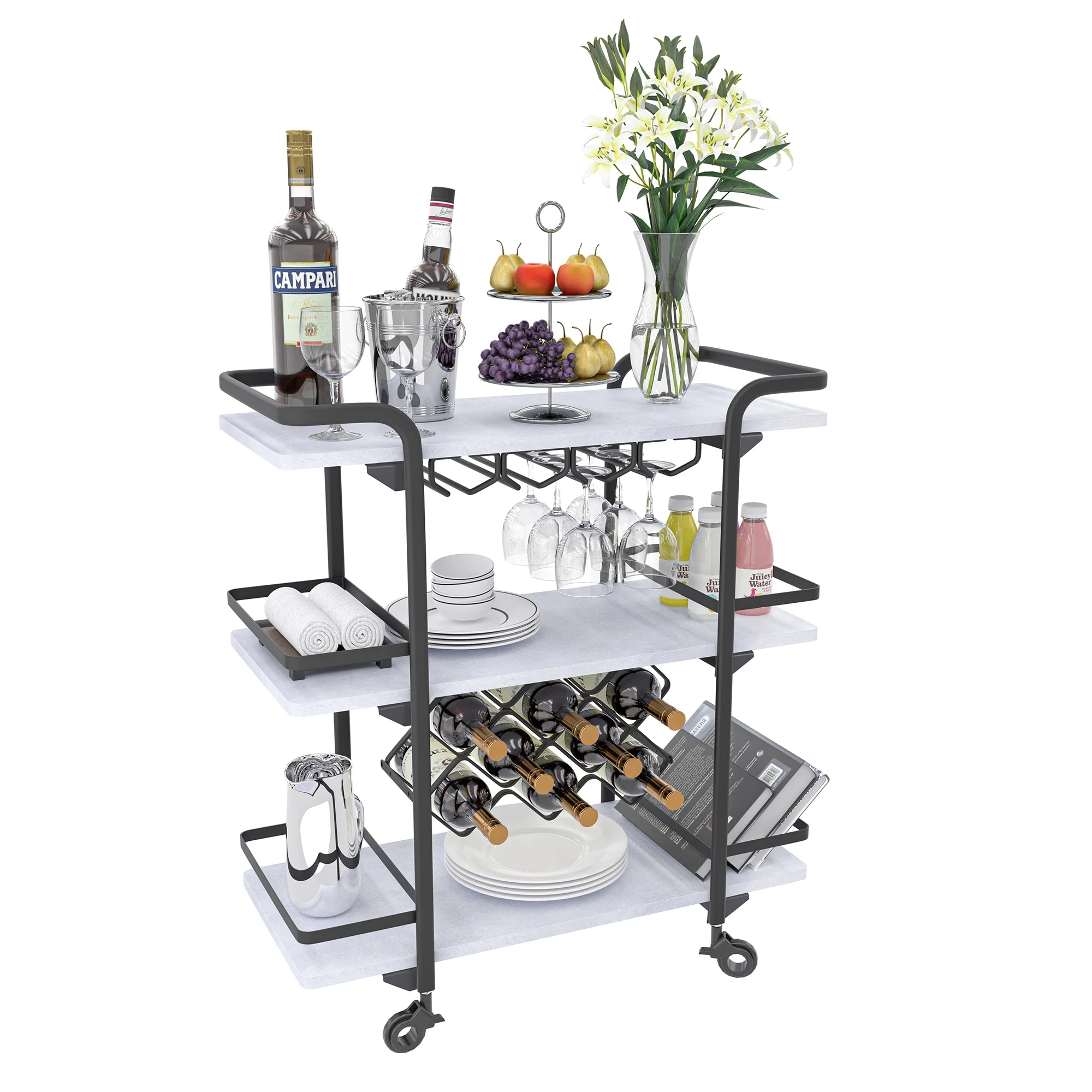 Modern Industrial 3-tier Bar Cart with Wine Rack