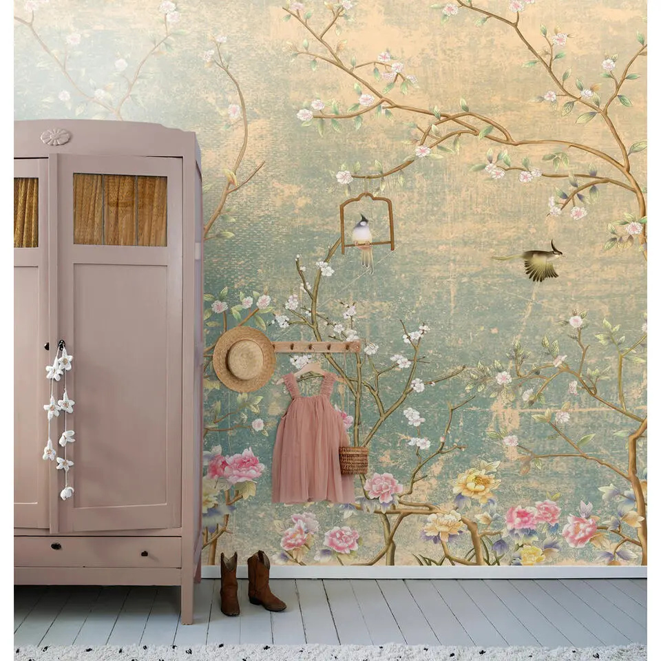 Sanders & Sanders fotobehang bloemen en vogels zeegroen - 350 x 270 cm