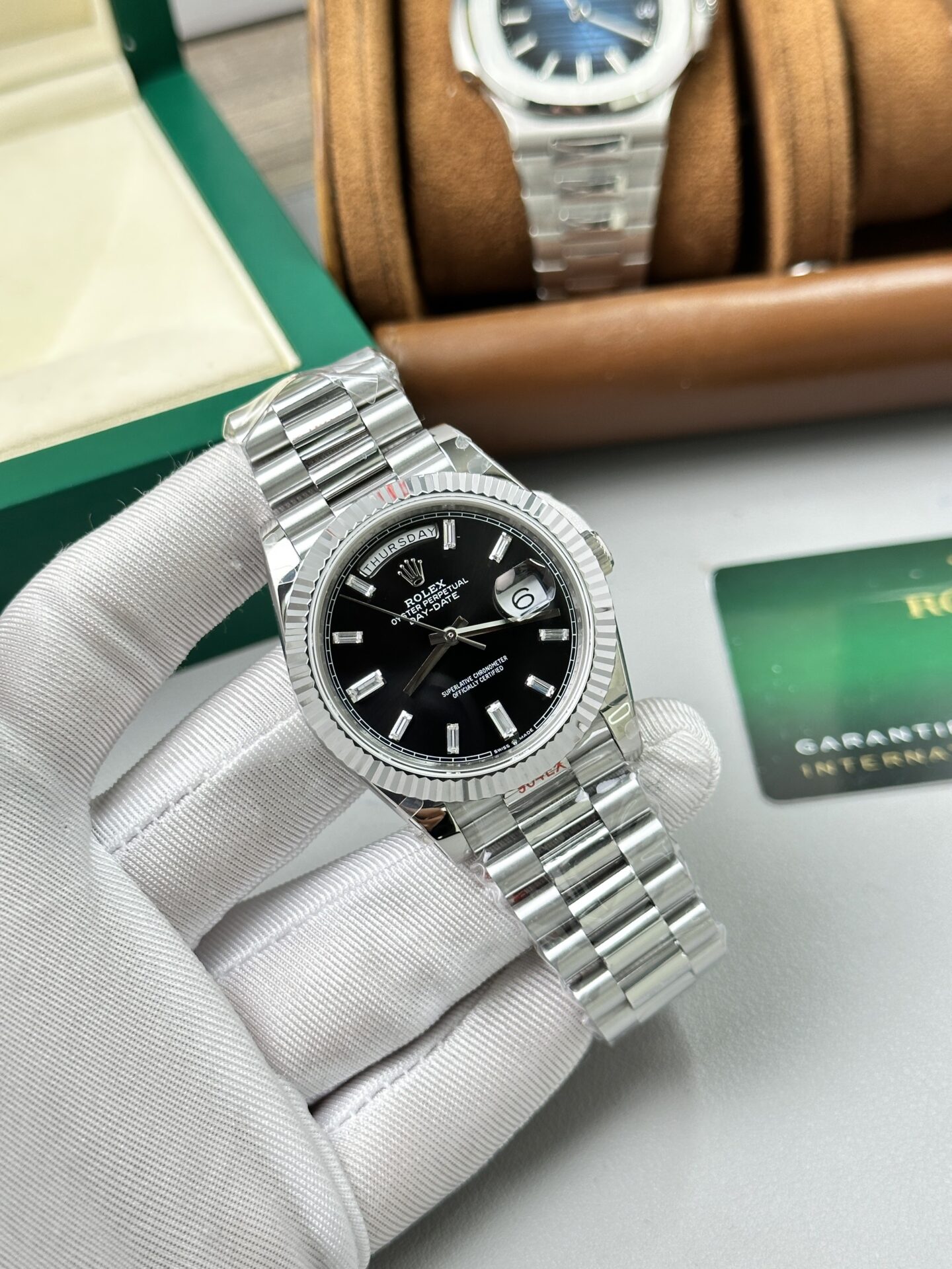 Rolex Day-Date 228236 904L Steel Black Dial CZ Diamonds 40mm Super Clone