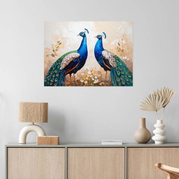 Plakat samoprzylepny do salonu Feeby Kolorowe Pawie Ptaki Natura 30x20