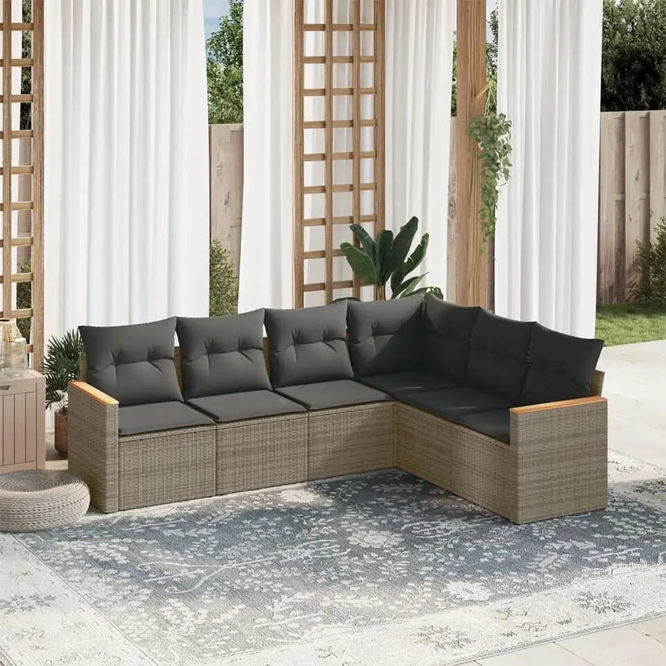 vidaXL 6-delige Loungeset voor 6 met kussens en armsteun - Gris - Poly rattan