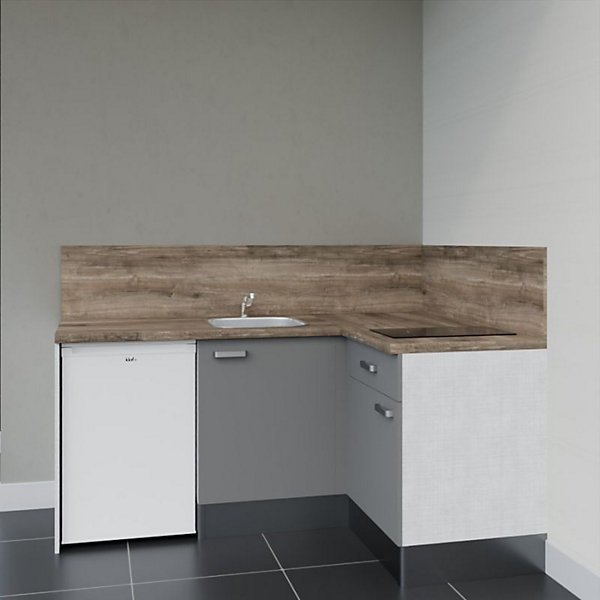 Kitchenette KA01 façades Gris - Plan de travail Bois - Crédences : Oui - Evier inox - Electroménager Blanc inclus