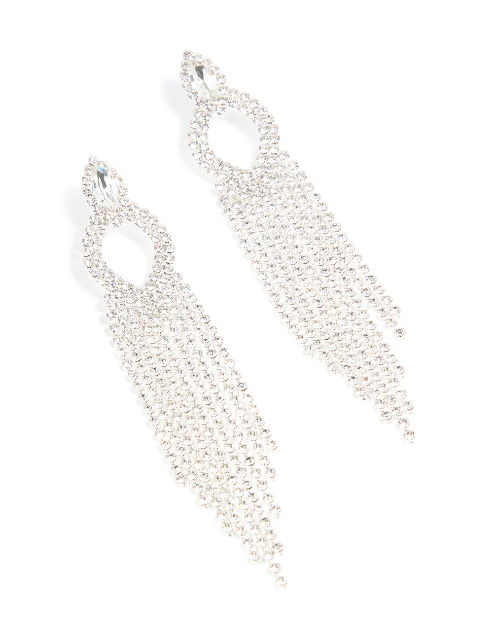 Silver Diamante Pear Tassel Drop Earrings