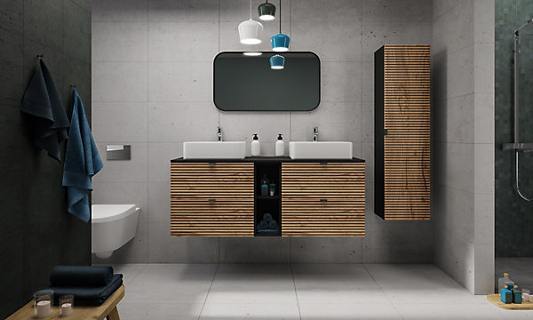 Meuble colonne suspendu de salle de bain AURA LOFT noir et chêne 35/136 cm
