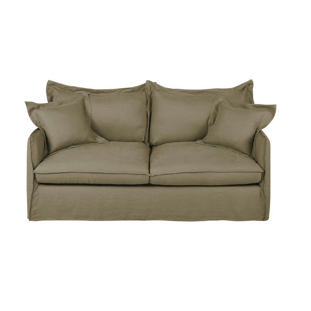 Barcelone - Canapé convertible 3 places en lin vert kaki, matelas 14 cm
