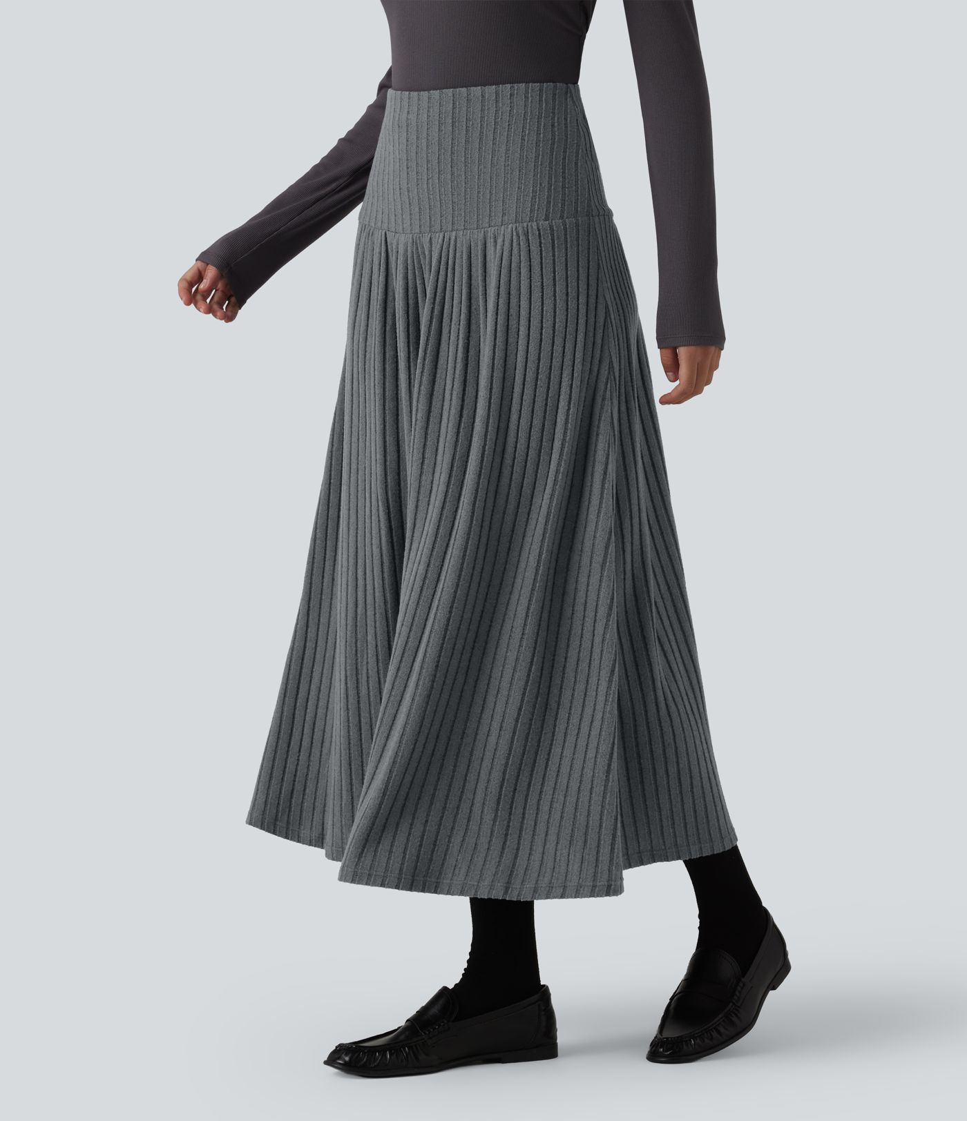 Jupe tailleur midi trapèze taille haute en maille côtelée