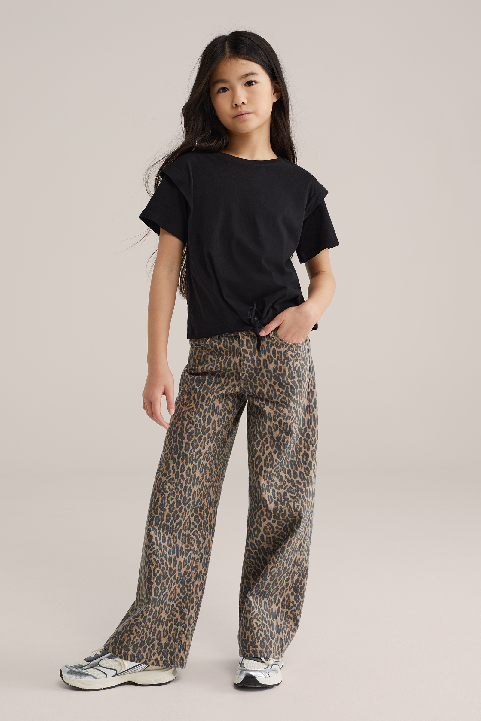 Meisjes wide leg jeans met luipaardprint