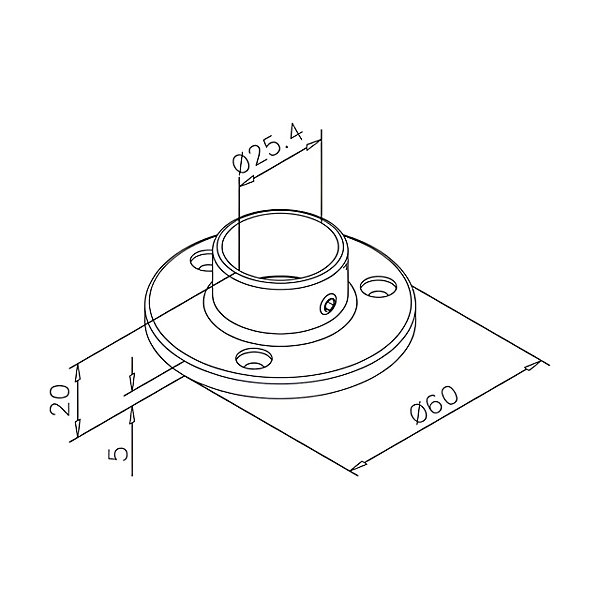 2 x Embase femelle pour tube diam. 25,4 mm - Zamac aspect inox brossé