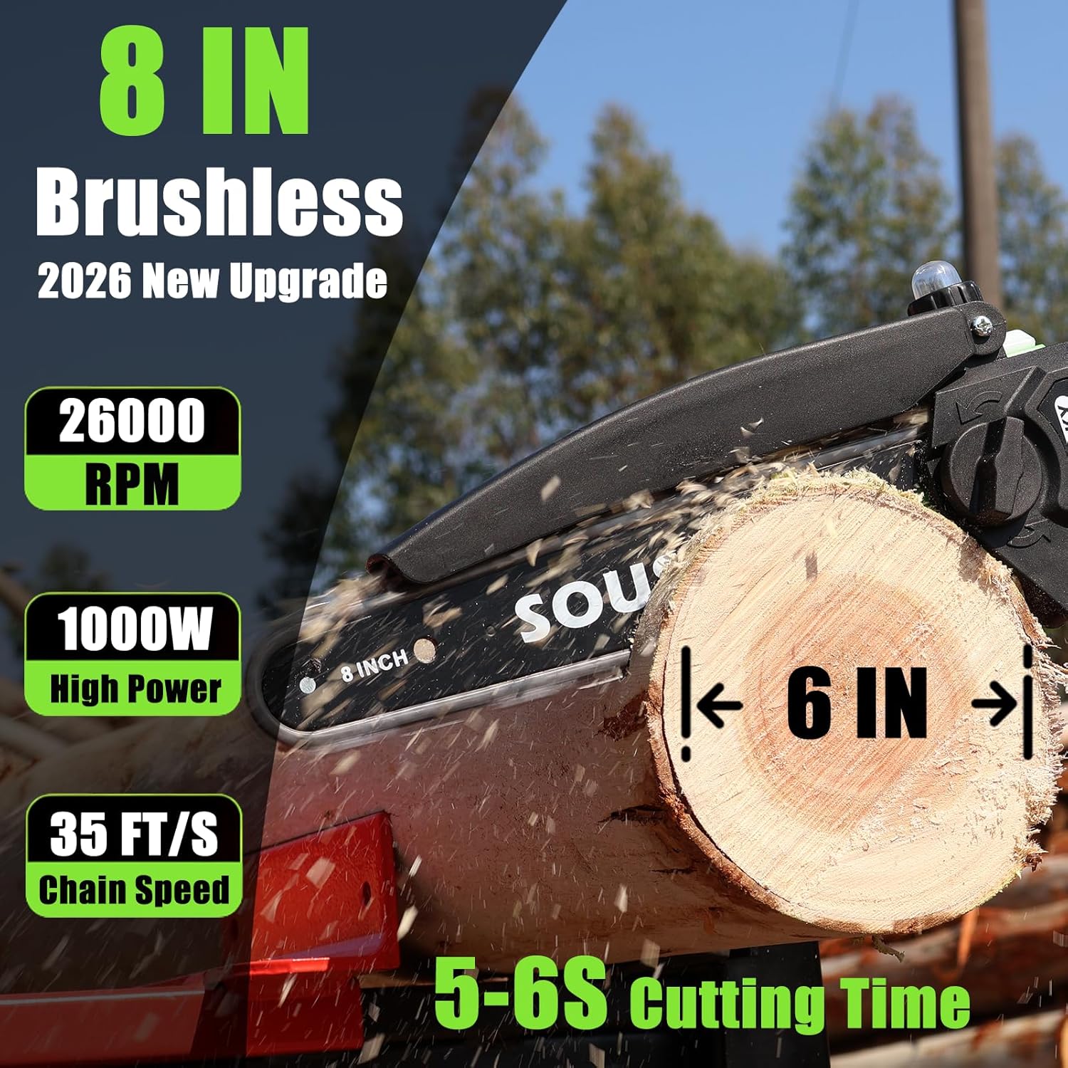 8 Inch Brushless Mini Chainsaw Cordless, High-Power Battery Chainsaw with 2×4000mAh Batteries, Electric Handheld Power Chain Saw for Tree Trimming Wood Cutting