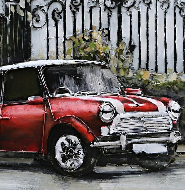 MÉTAL BRASS - Tableau relief en métal mini cooper rouge 80x60