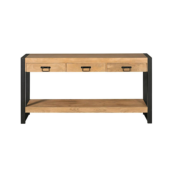 Longue console d'entrée bois clair métal noir 3 tiroirs MILORA