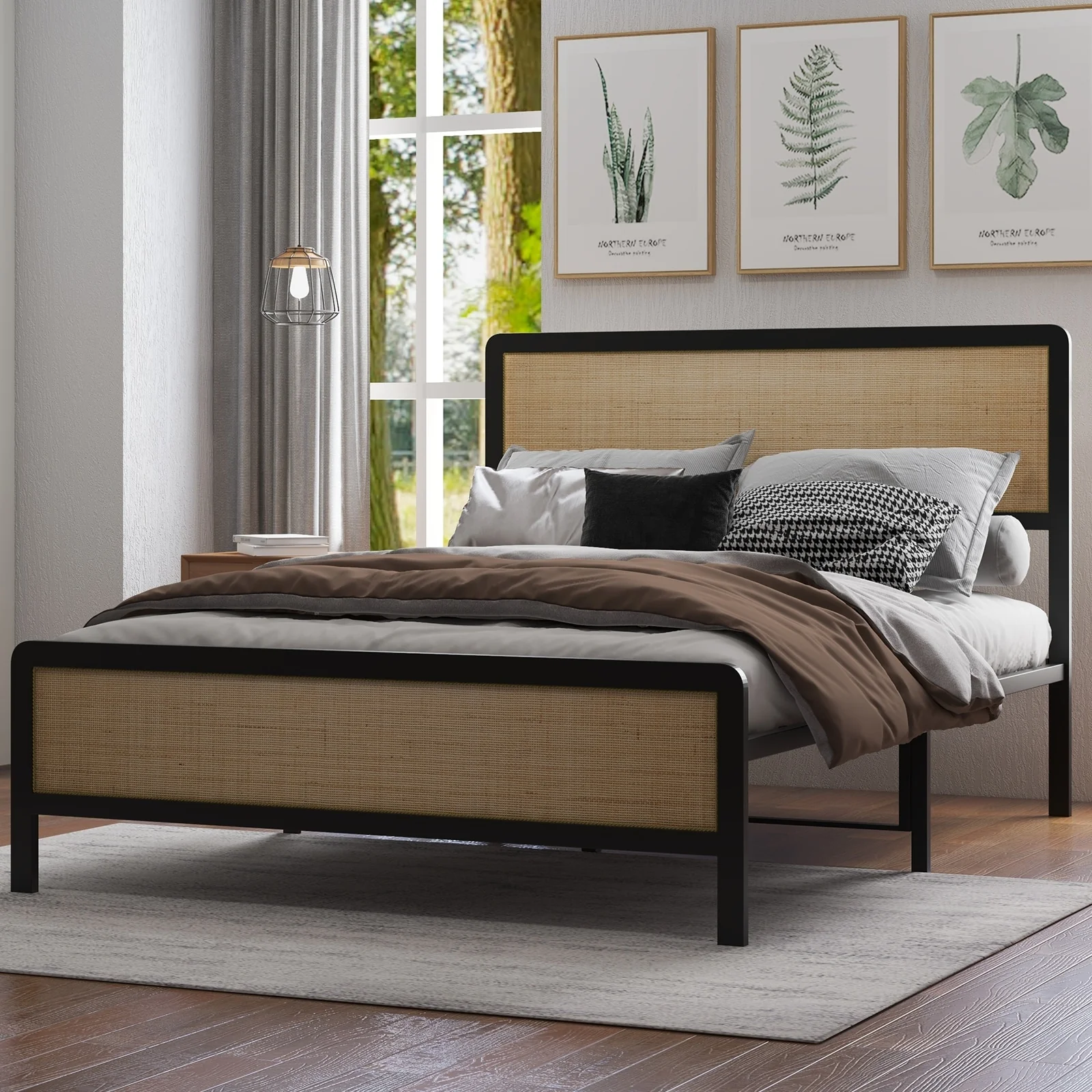 Platform Bed, Boho Cane Bed, Natural Rattan Headboard and Footboard