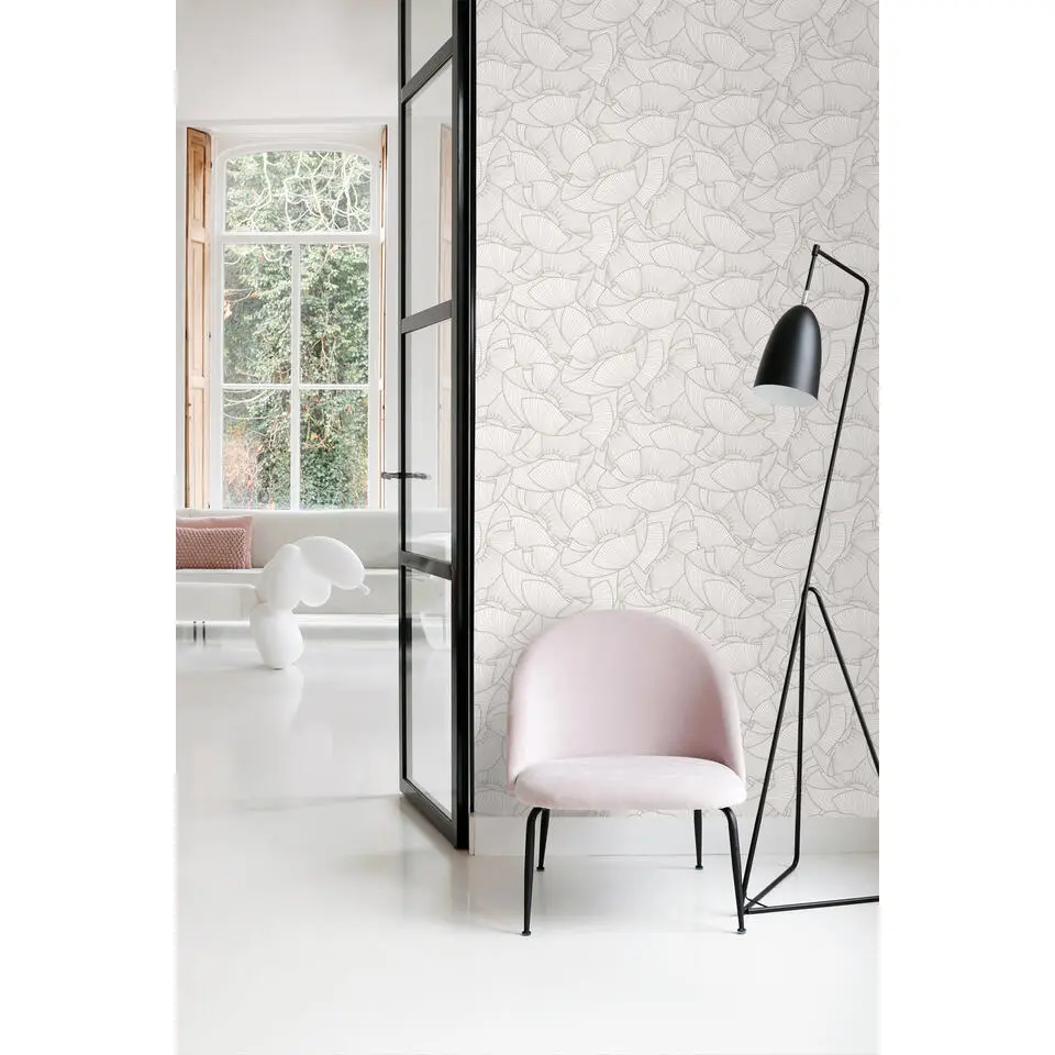 ESTAhome behang klaprozen grijs en wit - 53 cm x 10.05 m