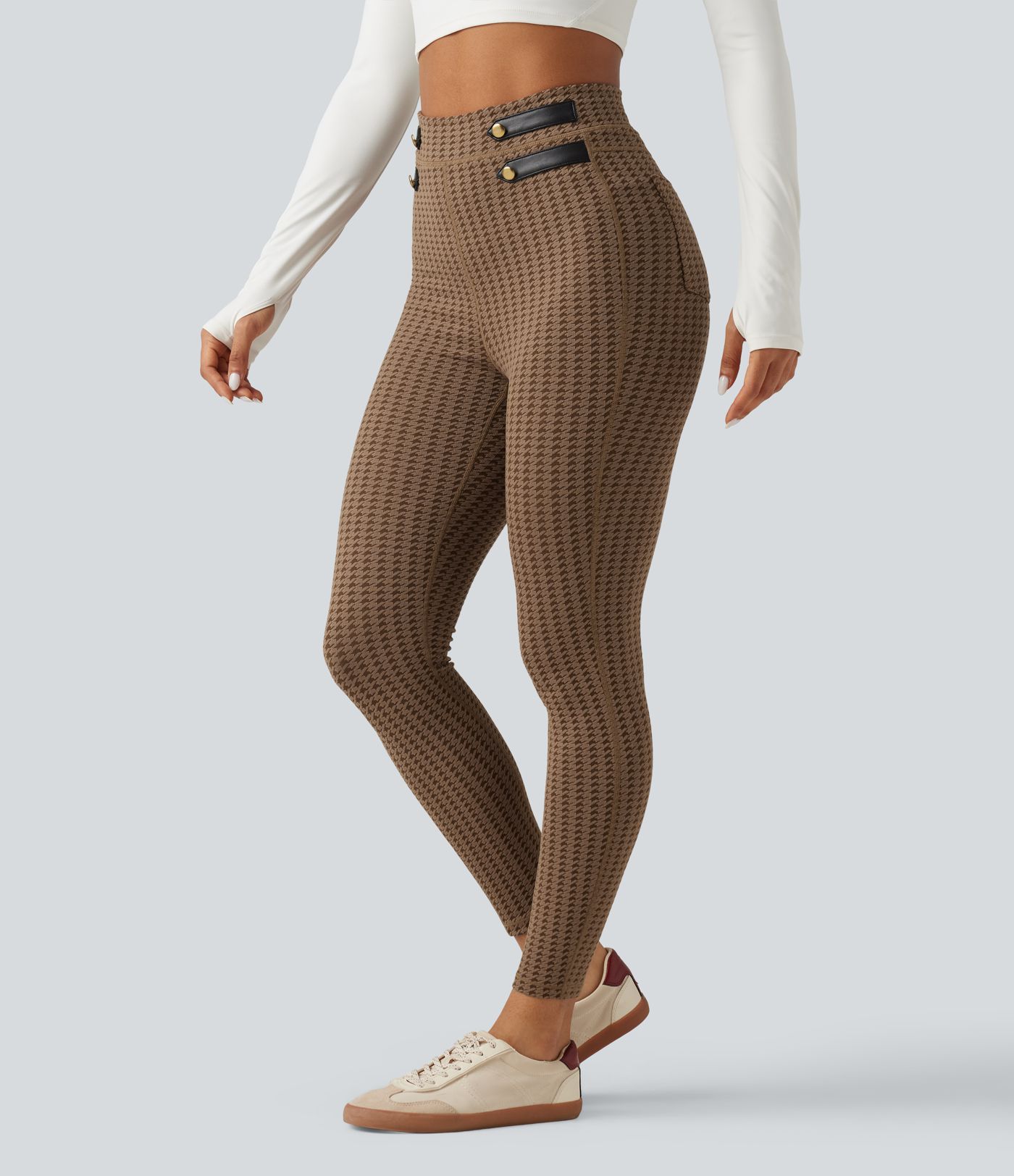 Legging de yoga taille haute à motif pied-de-poule avec poches