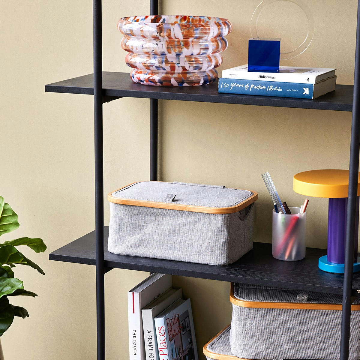 EASE - Boîte de rangement avec couvercle en tissu et bambou gris