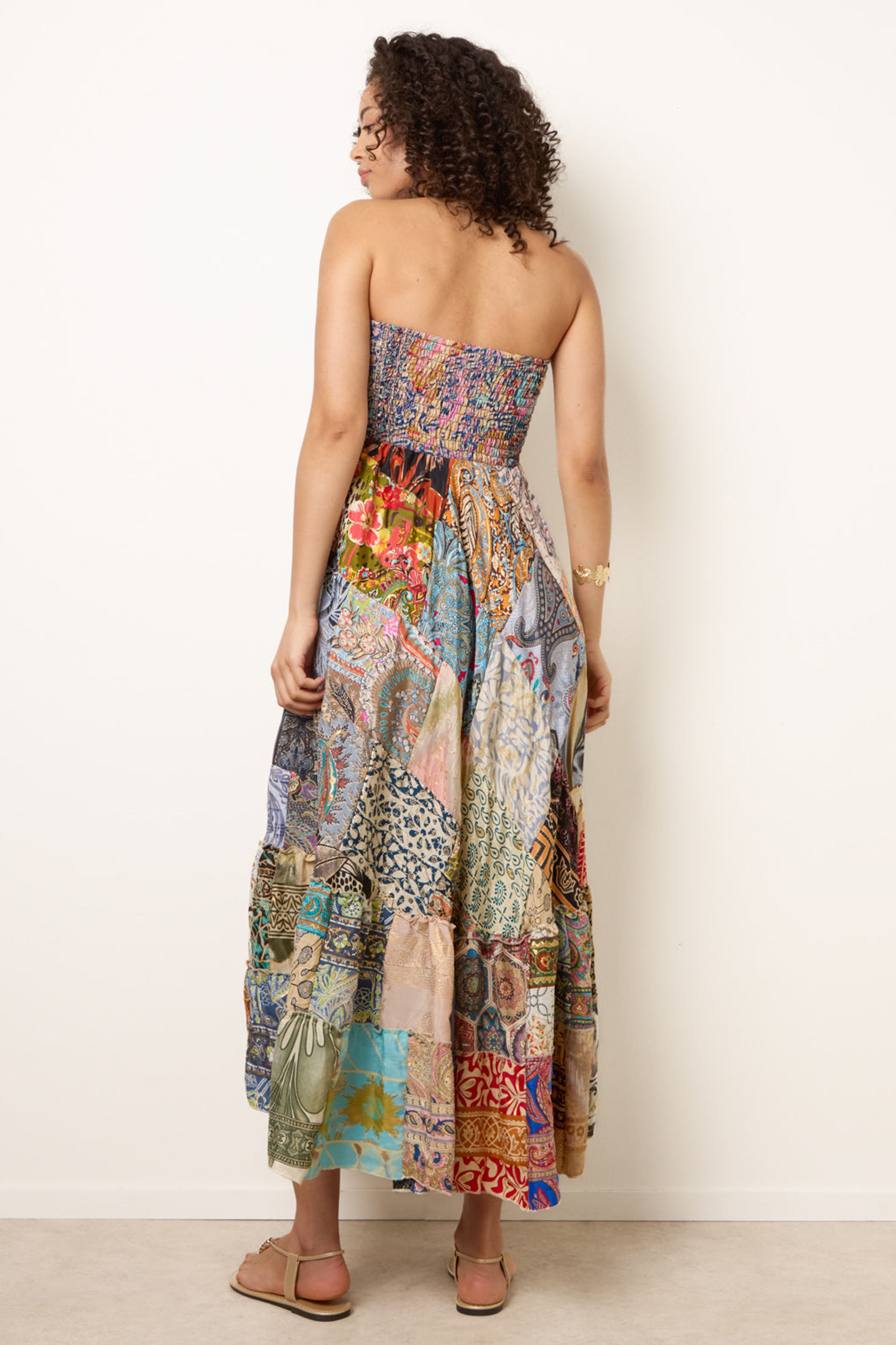 Blue Vanilla Multi Shirred Patchwork Art Bandeau Dress