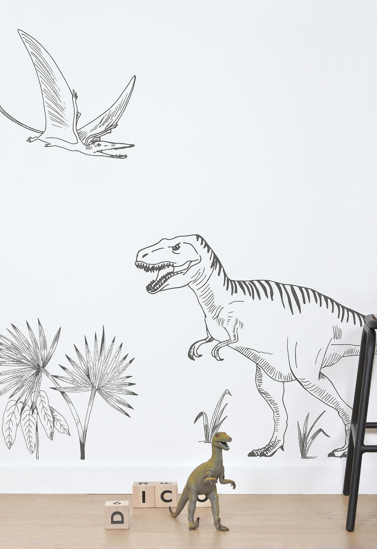 DINOSAURUS - Stickers t-rex et palmier en Vinyle mat Gris anthracite 64x130 cm