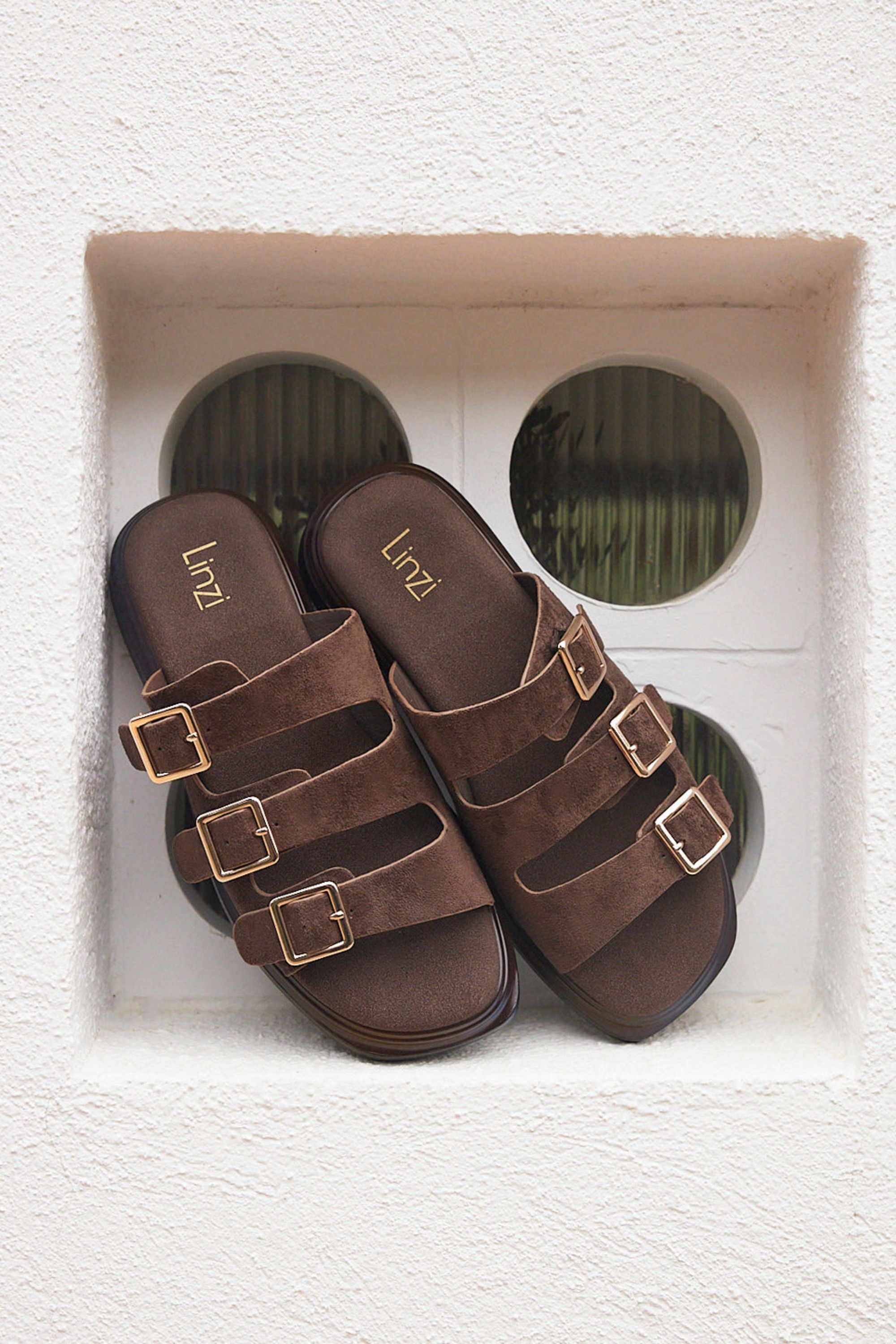 Linzi Satellite Brown Faux Suede Flat Sandals