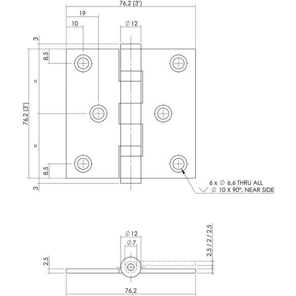 Scharnier, 76x76x2,5 mm bis 50 kg quadratisch