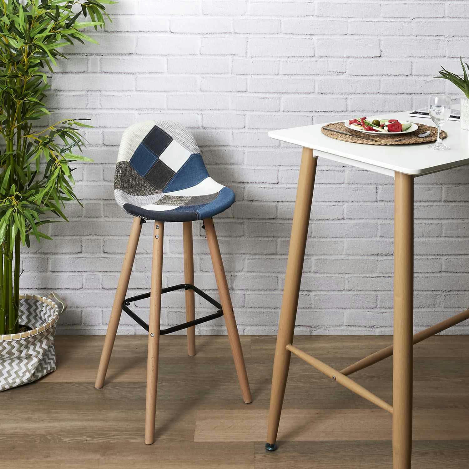 - Set de 2 tabourets de bar patchwork bleu gris