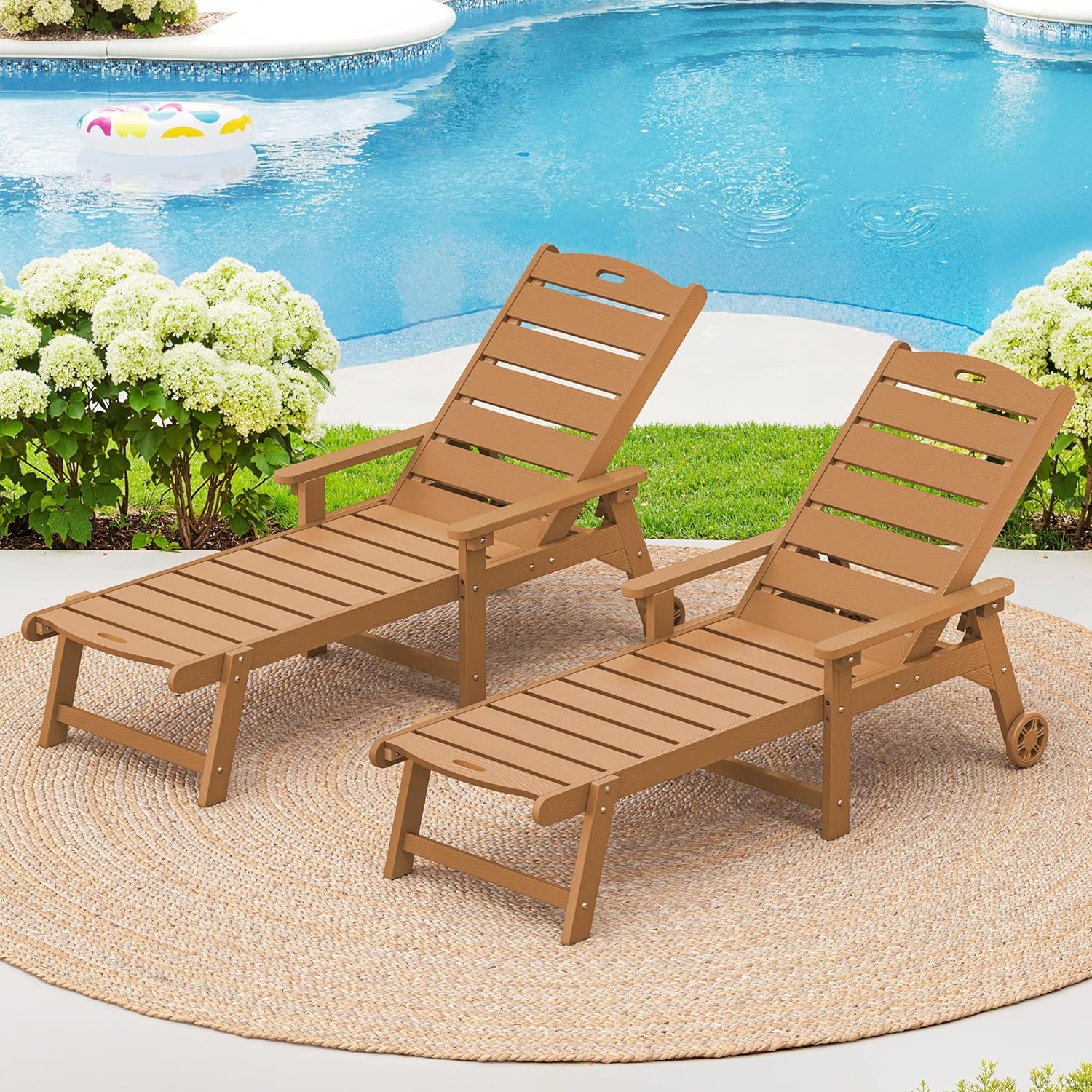 LUE BONA Outdoor Chaise Lounge Chairs Set of 2  HDPS Chaise Lounger  5 Positions Adjustable Lounge Chairs  Pool Lounge Chair with Wheels for Poolside  Patio  Restaurant  3 Year Warranty  Teak Color